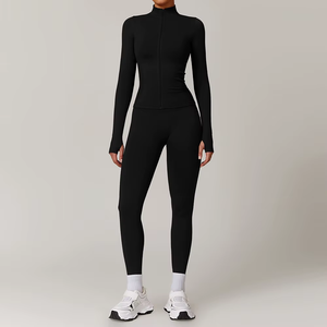 Yoga Set Women High Waist Leggings Full Length Turtleneck Zipper <b>Top</b> 2 Piece Solid <b>Sweat</b>-Wicking Breathable Seamless - Product Image 5