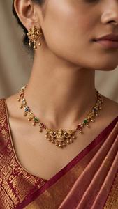 High Quality Traditional Tempal Laxmi <b>Gold</b>-Plated Flower Design Coin Necklace Earrings <b>Set</b> Crystal Rhinestone Ethnic Wedding - Product Image 2