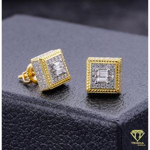Luxury 925 Sterling Silver with VVS Lab Grown <b>Diamond</b> <b>Square</b> Stud <b>Earrings</b> Baguette Center Stone Detail - Product Image 3