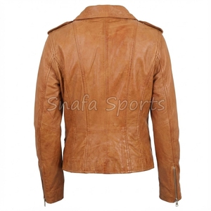 Veste en cuir pour femme de qualité supérieure, courte, marron, style motard, coupe ajustée, avec fermetures éclair argentées - Product Image 2