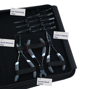 Kit d'outils pour extensions de cheveux noirs pour coiffeurs : Pince à micro-perles, Pince à sertir les micro-perles, Crochet de tirage, Pince à bandes adhésives, Coupe-perles - Product Image 4