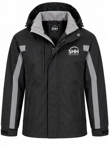 <b>Men</b>’s Waterproof Hooded Work Jacket <b>Black</b> Grey Contrast Panel <b>Windbreaker</b> with Chest Pocket Adjustable Cuffs Custom Logo - Product Image 1