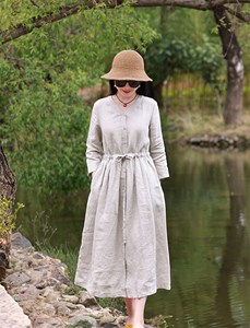 Vestido Maxi de Lino con Cuello en V Estilo Boho para Mujer, con Botones al Frente, Cintura Elástica, Corte Holgado, Manga Larga, Vestido Casual de Verano - Product Image 2