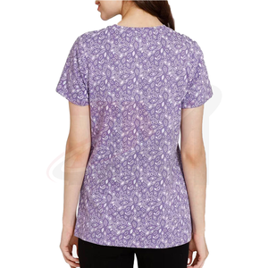 Camiseta de Manga Corta con Cuello en V y Estampado de Patrones en Blanco y Morado para Mujer, Ajuste Holgado, Tejido Transpirable, Informal, para Primavera y Verano - Product Image 2