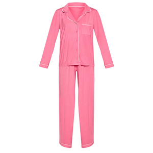 Conjunto de Pijama de Satén para Mujer, Manga Larga, Largo Completo, Clásico, Color Rosa Sólido, Dos Piezas, Tejido Suave, Cierre de Botones, Cintura Media - Product Image 1