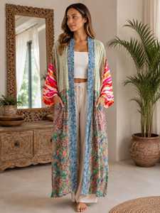 Robe kimono en crêpe de soie patchwork bohème pour femme, imprimé cachemire, paréo de plage léger, cardigan bohème, tenue de villégiature - Product Image 6