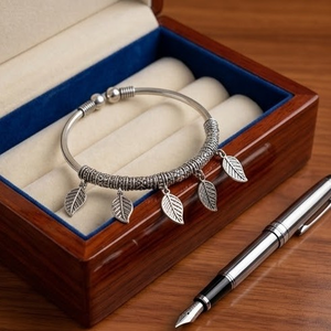 DIVYORO Women's Ethnic Oxidized <b>Silver</b> Plated Brass Single Leaf <b>Charm</b> KADA Bangle - Product Image 3
