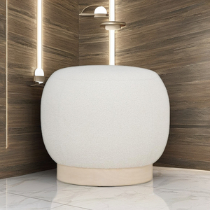 Modern Cream White Fabric Portable Durable <b>Pouf</b> Ottoman with Malaysian Oak Legs Mid for Minimalist Footstool Living Room - Product Image 1