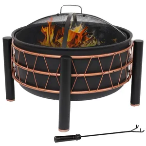 Brasero d'extérieur rond en acier pour bois avec écran anti-étincelles en maille, pioche et finition cuivrée pour patio et jardin - Product Image 3