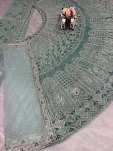 Luxury Sea <b>Green</b> <b>Net</b> Lehenga Choli Set Heavy Sequins Zari Embroidery Full Sleeve Indian Pakistani Winter Party Bridal Wedding - Product Image 5