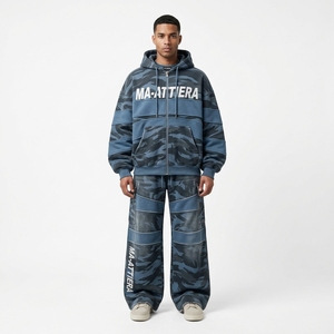 Men Blue Gray <b>Camouflage</b> Zip Up Hoodie Cargo <b>Tracksuit</b> Set Oversized Loose Fit Streetwear Panel Design Custom OEM ODM - Product Image 1