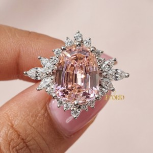 18K Gold Shield Cut Pink Lab Grown Diamond Halo <b>Ring</b> Floral Cluster Nature Inspired Bridal Wedding <b>Ring</b> Women <b>Custom</b> <b>Ring</b> - Product Image 2