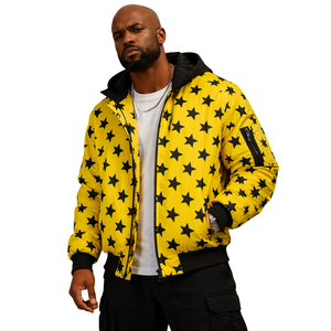 Mens Polyester Bomber <b>Jacket</b> Hooded <b>Star</b> Pattern Zip Front Fashion Lettermen Style for Streetwear Light Winter Wear - Product Image 1