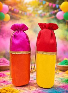 Ensemble de sacs pour bouteilles Holi aux couleurs vives avec un élégant design Potli à cordon, housse en tissu coloré pour bouteille de vin, emballage cadeau festif - Product Image 2
