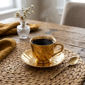 ชุดแก้วชา/กาแฟทองแดงโบราณทำมือ พร้อมจานรองลายตอกสีทอง หรูหรา เหมาะสำหรับรับประทานอาหารและเป็นของขวัญ - Product Image 2