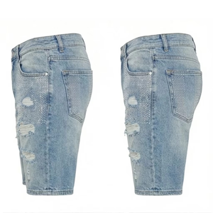 Men’s Light Blue Distressed Denim Shorts Rhinestone Embellished Loose Fit <b>Knee</b> Length Baggy Jean Shorts Casual Streetwear - Product Image 6