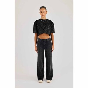 <b>Women's</b> <b>Black</b> Dot Print <b>Crop</b> <b>Top</b> Crew Neck Short Sleeve Loose Fit Casual Jersey T-Shirt With Rhinestone Decoration Spring Summer - Product Image 6