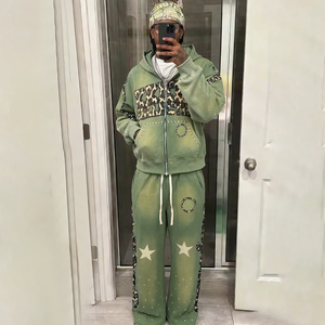 Ensemble de survêtement vert zippé à capuche pour homme, imprimé léopard, strass étoile, style hip-hop, 2 pièces (sweat-shirt et pantalon de survêtement) - Product Image 4