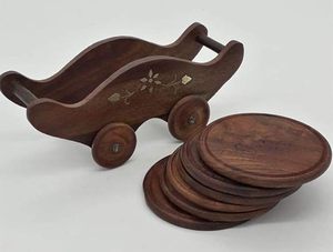 Wooden Coaster Set With Carriage Design Engraved Floral Pattern Portable Traditional Chinese Style Art decor <b>table</b> coasters Home - Product Image 2