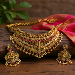 Antique Gold Plated <b>Bridal</b> Choker <b>Set</b> with Designer Earrings Imitation Pearl Casual <b>Jewelry</b> - Product Image 3