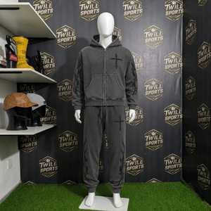 Sudadera con capucha gótica de alta calidad para hombre, con cremallera, de algodón negro, forro polar, estampado geométrico, corte regular, bolsillo frontal en la manga, lavado ácido, para invierno - Product Image 5