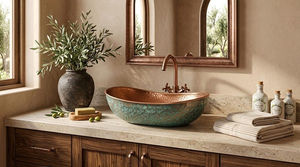 Vasque en cuivre artisanale, patine verte, lavabo de salle de bain rustique et luxueux, lavabo décoratif en cuivre pour salle de bain moderne - Product Image 5