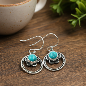Pendientes Colgantes de Turquesa Natural, Plata de Ley 925, Estilo Boho, Florales, Circulares, Hechos a Mano, Joyería de Piedras Preciosas para Mujer - Product Image 4