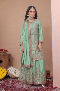 Pista Green Chinon Sharara Suit Sequence Embroidery v Neck <b>Top</b> Elastic Waist Bottom Dupatta Elegant <b>Party</b> Wear Women Quick Dry - Product Image 3