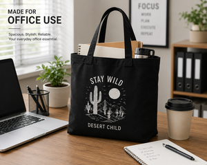 Stay Wild Desert Child <b>Canvas</b> <b>Tote</b> Bag Black Large Customized Closure Top Handle Screen Print Design for Shopping & Travel - Product Image 1