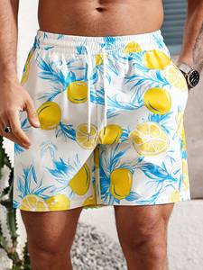 Shorts de Playa para Hombre con Estampado de Limones, Cintura con Cordón, Bolsillos, Secado Rápido, Traje de Baño con Patrón Blanco, Azul y Amarillo - Product Image 5