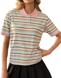Polo a Rayas de Mujer de Última Tendencia, Manga Corta, Tejido de Punto Casual, Largo Regular, Patrón Liso Teñido, Camisetas Polo ODM - Product Image 5