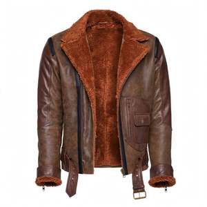 Chaqueta de cuero para hombre, forrada con sherpa, con cierre de cremallera, cuello alto, para trabajo al aire libre, con logo personalizado, chaqueta de aviador marrón de piel de oveja. - Product Image 3