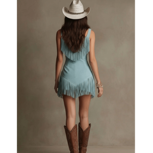 เดรสสั้นผ้าหนังกลับสีฟ้าอ่อนแต่งพู่ห้อย พร้อมซิปด้านหน้าแบบเปิดสไตล์โบฮีเมียนเก๋ไก๋  ชุดเดรสปาร์ตี้พู่ห้อยหนังกลับเทียมสไตล์ตะวันตกแบบไม่มีแขน - Product Image 3