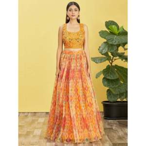 Lehenga Choli de Organza con Trabajo de Espejos en Amarillo Brillante para la Noche - Product Image 5