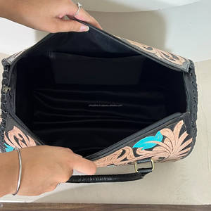 Chic Attire Women's Hand-Tooled Floral Genuine Leather 15-Inch Turquoise Leaf Design Lightweight Durable Eco-Friendly <b>Duffel</b> <b>Bag</b> - Product Image 6
