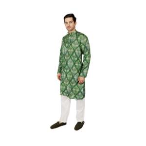 <b>Men's</b> Ethnic Kurta <b>Pajama</b> Set-Green Traditional Printed Embroidered Dola <b>Silk</b> with Dola <b>Silk</b> Embroidery - Product Image 4