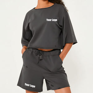 New Arrived 2026 100% Cotton Women's Short <b>Set</b> Custom DTF Printed logo Heavyweight Zipper Hoodie Embroidered Lace 2 Piece <b>Set</b> - Product Image 5