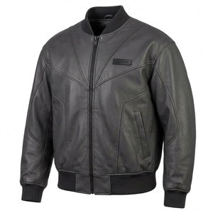 Charcoal <b>Grey</b> Top Grain Leather Bomber <b>Jacket</b> Men Custom Logo Chevron Seam Panel Ribbed Knit Flight Outerwear OEM Manufacturer - Product Image 4
