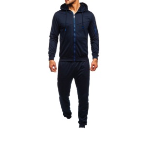High Trending Men Navy Blue Full <b>Zip</b> <b>Hooded</b> Tracksuit Solid Color Casual Wear Side Pockets Polyester Regular Fit Autumn Style - Product Image 1