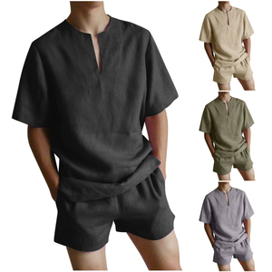 Survêtement en coton et lin irrégulier d'été pour hommes, ensemble 2 pièces pour hauts et shorts 2024 - Product Image 1