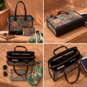 กระเป๋าถือแล็ปท็อปผู้บริหารสุดหรูแบบสั่งทำพิเศษ ลายทอแจ็คการ์ดจากชัยปุระ พร้อมกระเป๋าใบเล็กตกแต่งหนัง ชุดกระเป๋าเอกสารสำหรับผู้หญิง - Product Image 3