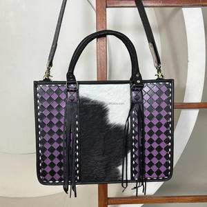 Bolso Tote de Cuero Vacuno Hecho a Mano de Alta Calidad Personalizado al por Mayor 2025, Bolso de Mano Estilo Occidental con Patrón a Cuadros para Mujer - Product Image 4