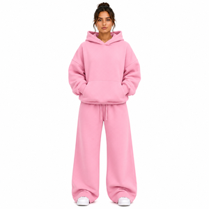 Conjunto de Sudadera Oversize y Pantalones Anchos de Forro Polar para Mujer, con Bolsillo Canguro, Color Liso, Chándal Holgado de Dos Piezas - Product Image 1