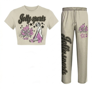 Premium 220 GSM Cotton Polyester Blend Women <b>Crop</b> <b>Top</b> and Pant Set <b>Red</b> Graphic Print Screen Print Custom Logo Women's Sets - Product Image 5