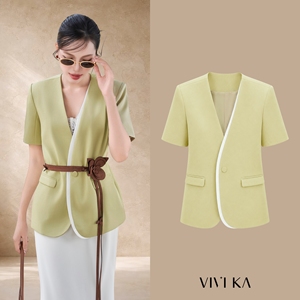 Blazer élégant pour femme, vert menthe, décontracté, pour le bureau, manches courtes, sans col, avec bordure contrastée, veste cintrée SAYA - Product Image 1