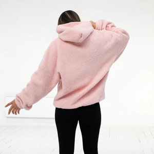 Sweat-shirt à capuche en polaire rose surdimensionné pour femme, couleur unie, manches régulières, pull d'hiver - Product Image 6