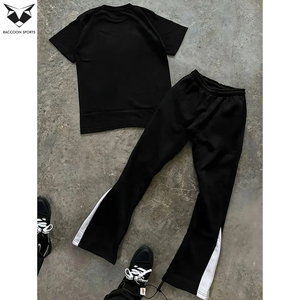 Men Two-Piece Fashion Casual Outfit, <b>Flame</b> & Star Pattern Print Round Neck Short Sleeve T-<b>Shirt</b> And Drawstring Flare Trousers - Product Image 2