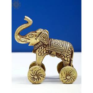 Petite figurine d'éléphant en laiton faite à la main sur roulettes, 3 pouces, décoration d'intérieur, sculpture exotique Inde HLA906 - Product Image 1