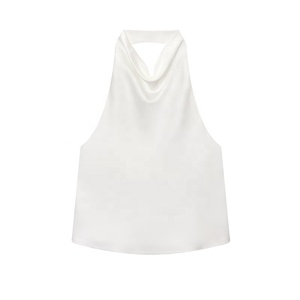 Wholesale Summer Custom Printing LOGO Basic <b>Red</b> Slim Ladies Cotton Ribbed Sleeveless Casual Wear White <b>Silk</b> Halter Tank Top - Product Image 3