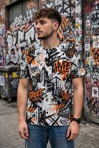 T-shirt pour homme, style streetwear, imprimé graffiti, 100% coton, col rond, manches courtes, jersey 180g, logo sur le devant, design urbain tendance - Product Image 3